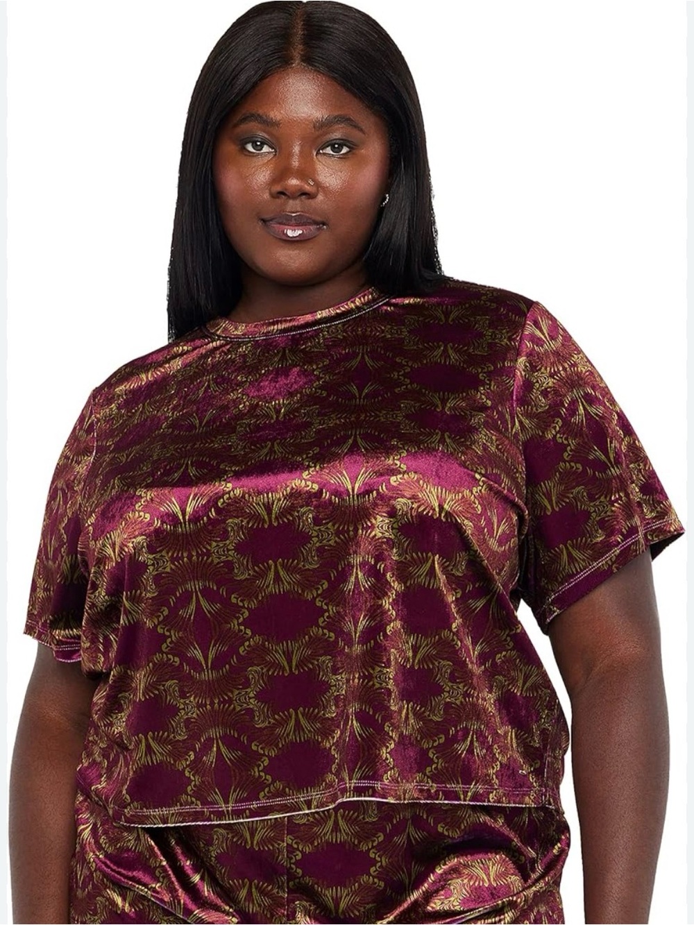 Savage x Fenty Psychedelic Velvet Short-Sleeve Tee in Burgundy with Gold Pattern
